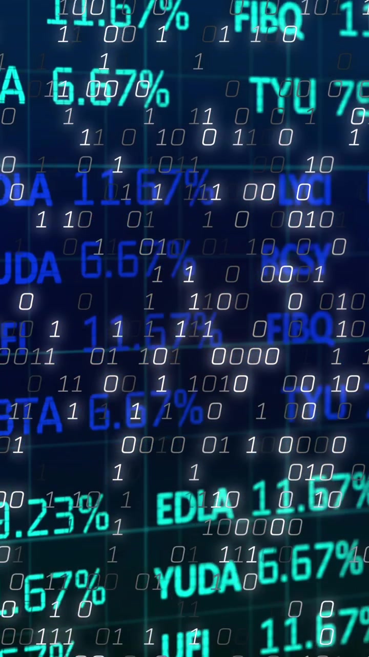 Animazione di codifica binaria ed elaborazione dati di borsa su sfondo blu