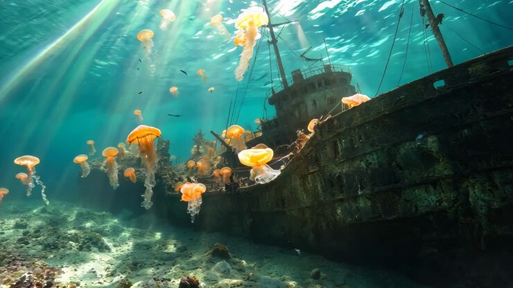versunkenes schiffswrack mit quallen