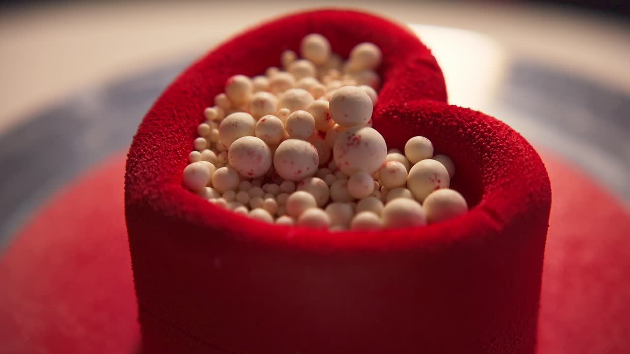 Primo piano di un dessert rosso a forma di cuore con codette bianche