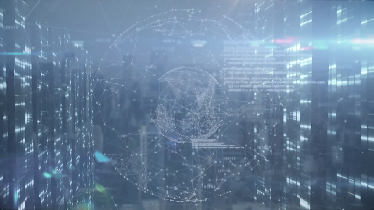 데이터 프로세싱을 통해 회전하는 지구와 연결 네트워크의 애니메이션