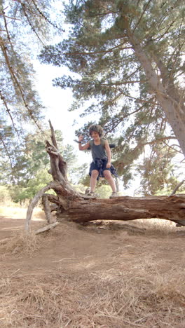 vertical video: hiking in forest, woman standing on fallen tree, enjoying nature and smiling