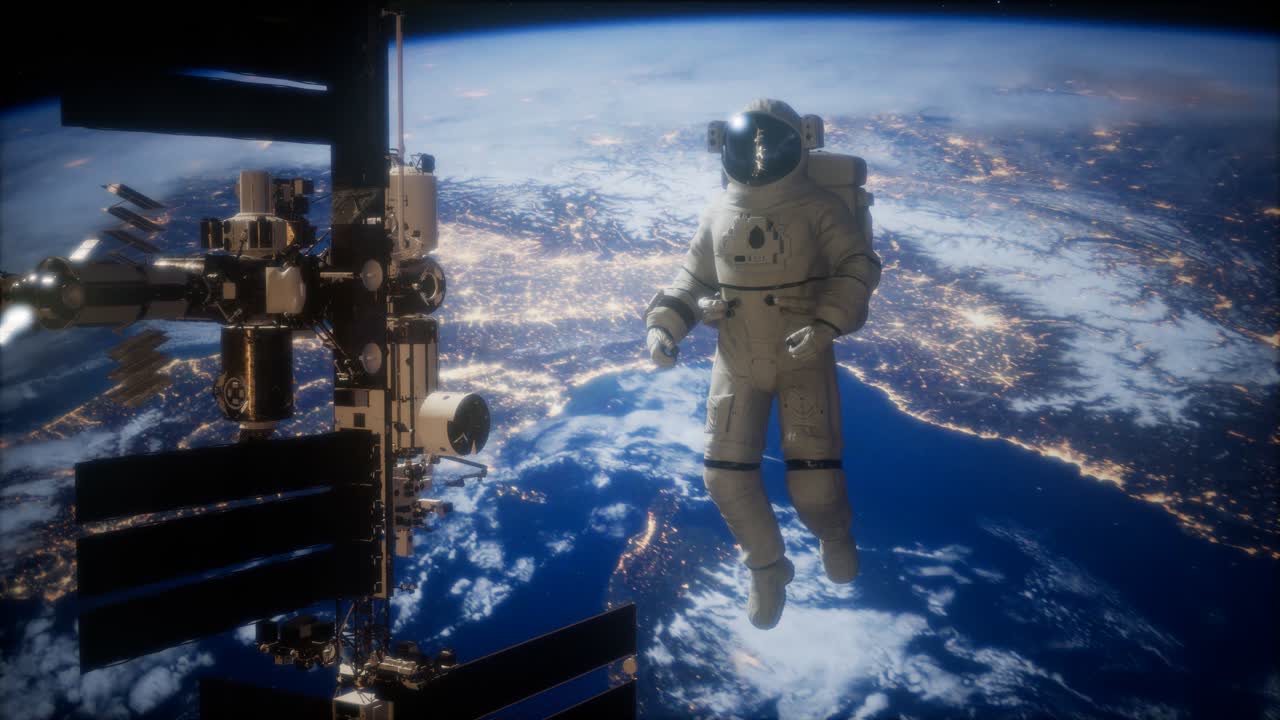 Stazione Spaziale Internazionale e astronauta nello spazio sopra il pianeta Terra