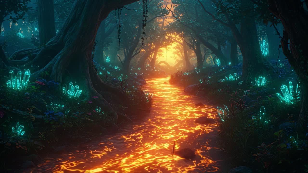 A Mystical Forest Pathway Illuminated by Glowing Crystals and Flowing Lava, Capturing the Essence of a Magical Twilight Journey Through Enchanted Nature's Realm