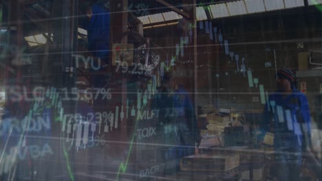 animation of financial data processing and statistics over diverse men working in factory
