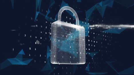 Animation-of-digital-padlock-over-navy-background-with-shapes