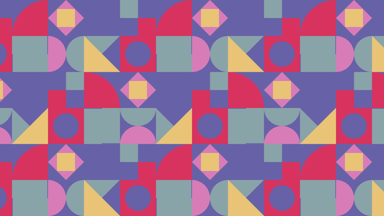 Multicolor geometric pattern with very peri violet elements. Random tiles in abstract animated mosaic. Motion graphic background in a retro flat design