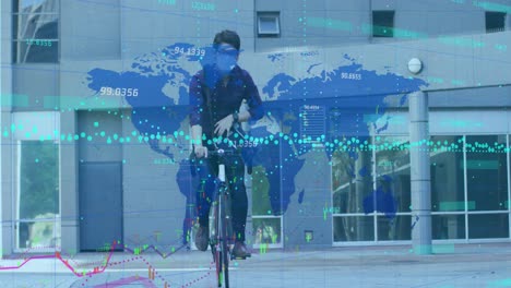 Animation-of-graphs-and-numbers-over-map,-asian-man-wearing-mask-riding-bicycle-in-business-park