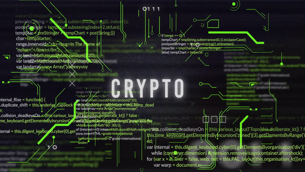 Digital code with CRYPTO text overlay, representing cryptocurrency concept on dark background