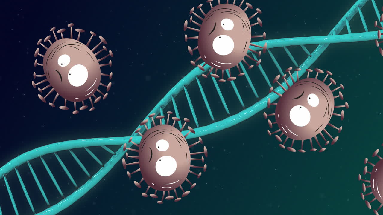 얼굴이 움직이고 dna 가닥이 회전하는 슬픈 코로나 19 세포의 애니메이션