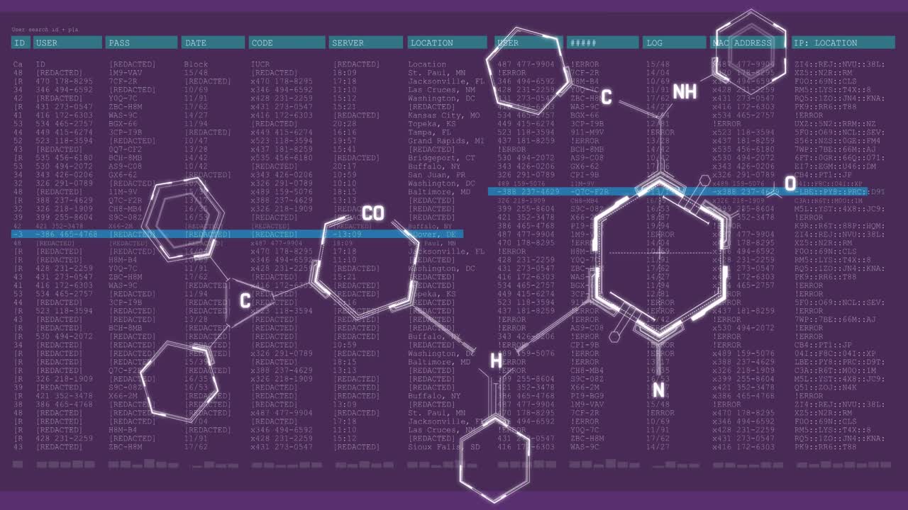 estructuras químicas flotando sobre la interfaz digital con el procesamiento de datos contra un fondo púrpura