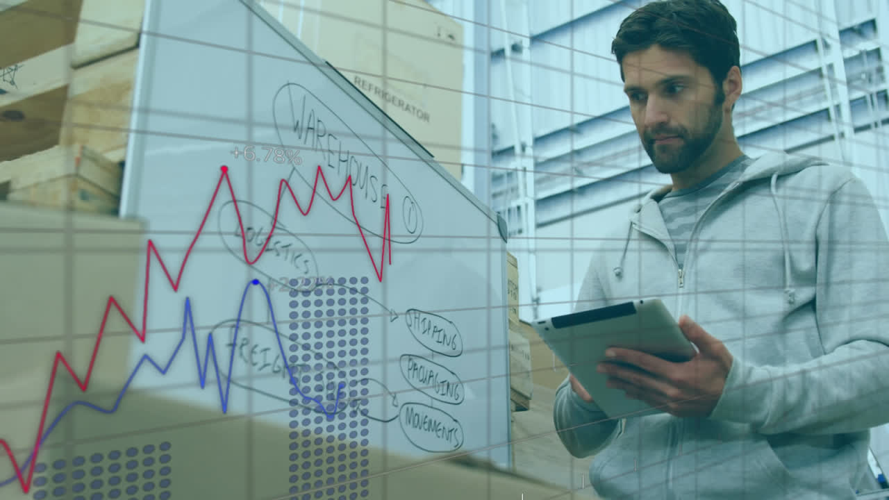 animación de procesamiento de datos financieros sobre caucásico de trabajador de almacén
