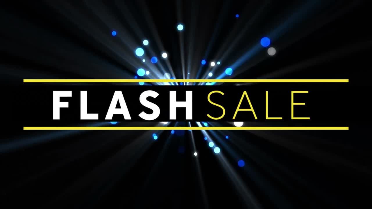 Animazione digitale di un banner di testo con "offerta lampo" su macchie di luce blu su sfondo nero