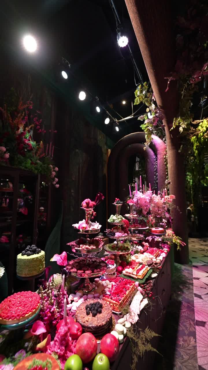 A table decorated with flowers contains different dessert plates, push in shot