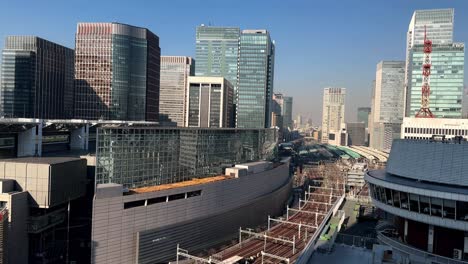 vista clara del paisaje urbano moderno con rascacielos, arquitectura urbana y vías de tren, ninguna persona visible, toma estática