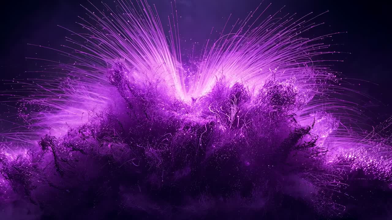 Frame opening showing particle cloud sending violet streaks on dark gradient, forming radiant crown