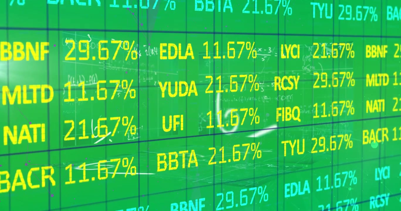 Animazione di numeri blu e gialli e statistiche di borsa che scorrono su una griglia