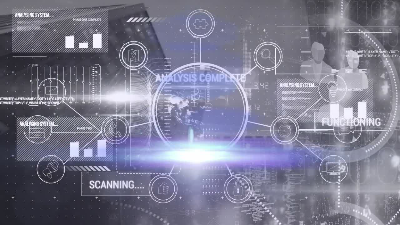 지구의 애니메이션, 다양한 데이터 및 분석은 회색 배경에 완전합니다.