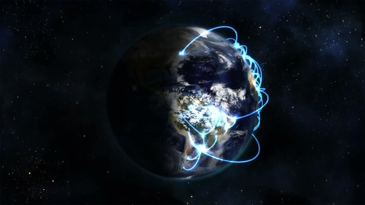 Terra sombreada e nublada girando com conexões azuis, imagem da Terra cortesia de Nasa.org