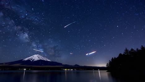mount fuji under a starry night sky with shooting stars reflected in lake