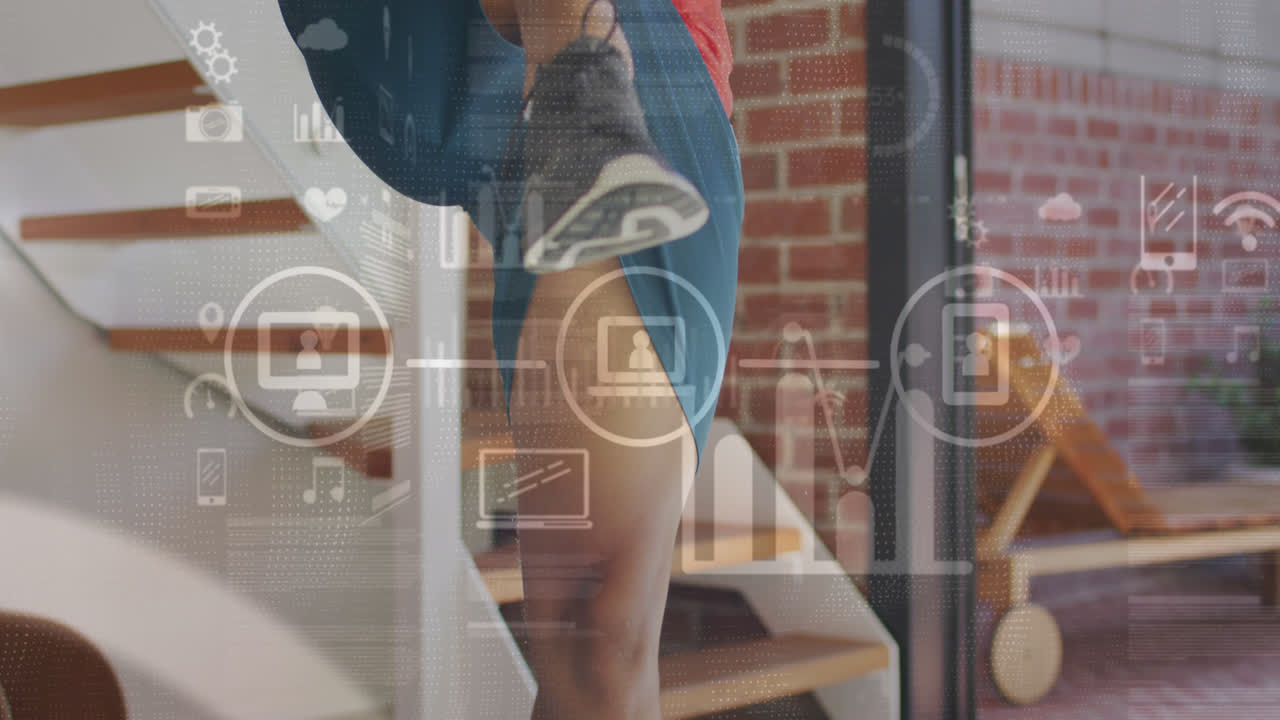 animación de procesamiento de datos sobre deportista biracial haciendo ejercicio