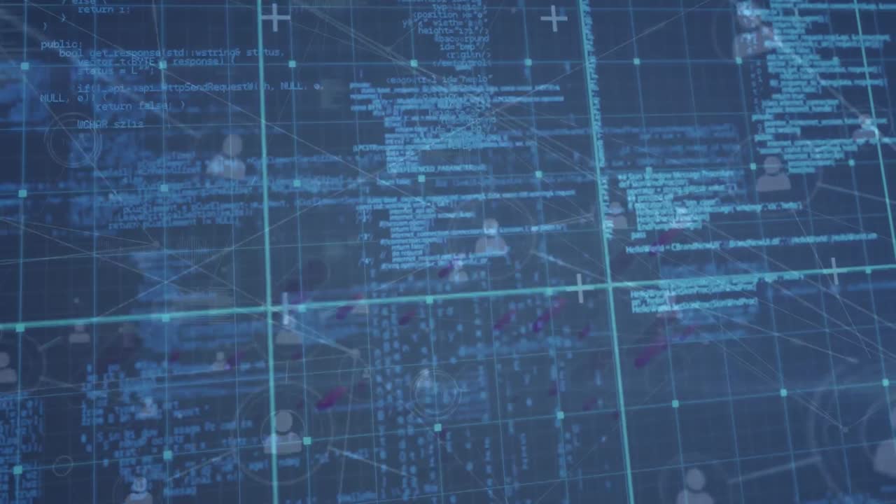 어두운 배경 위의 데이터 처리 및 연결 네트워크의 애니메이션