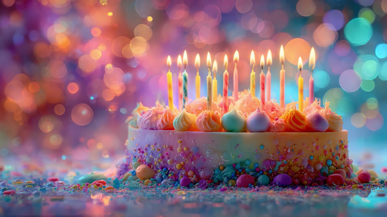 A Colorful Birthday Cake Adorned with Lit Candles, Radiating Joyful Energy Amidst a Blurry Festive Background, Perfect for Celebrations and Special Occasions