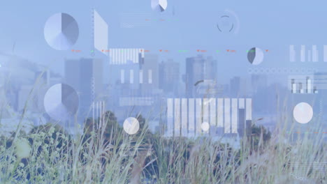 data visualizations floating over coastal city skyline, showing pie charts, bar graphs, line graphs
