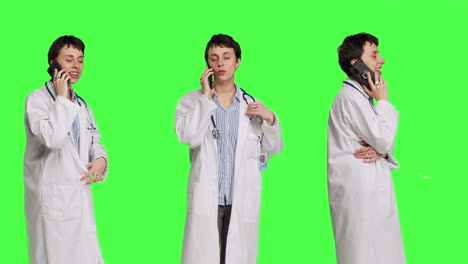 Woman-doctor-talking-on-smartphone-call-against-greenscreen-backdrop