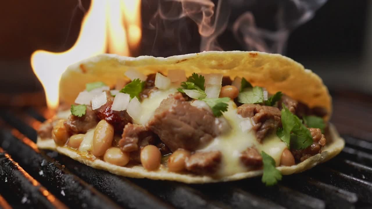 En sprød majstaco med smeltende ost, mens flammerne står op fra en varm køkkengrill, der tilbereder bønner og kød.