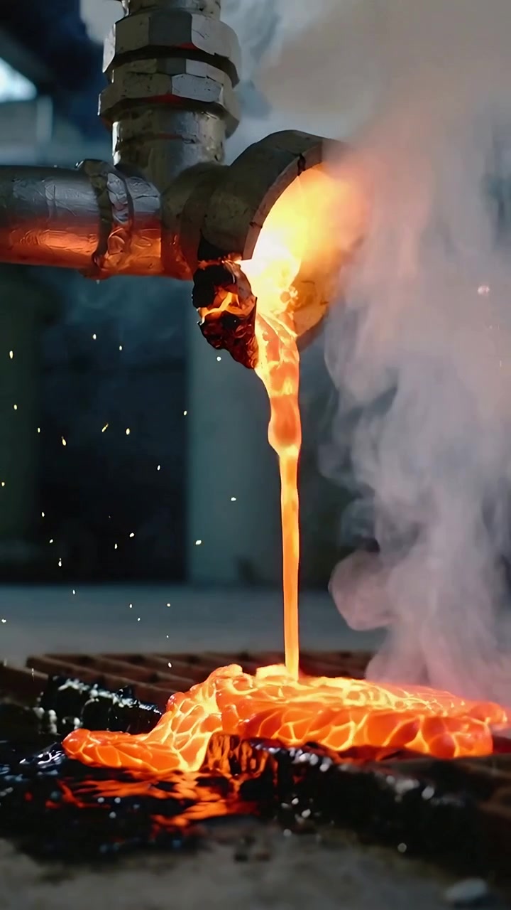 Video verticale: Goccia di metallo fuso che cola, staccandosi da un beccuccio, si raccoglie su una griglia, mostrando la scoria.