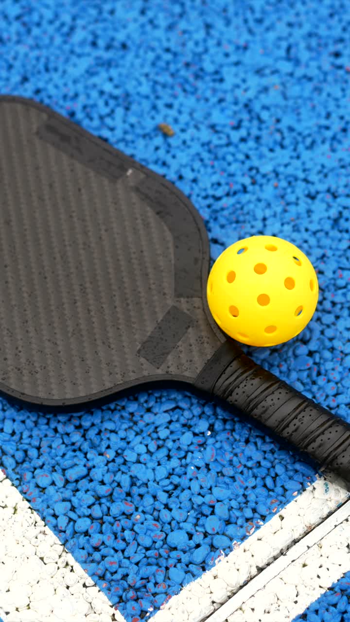 Pickleball Paddle and Ball on Wet Blue Court