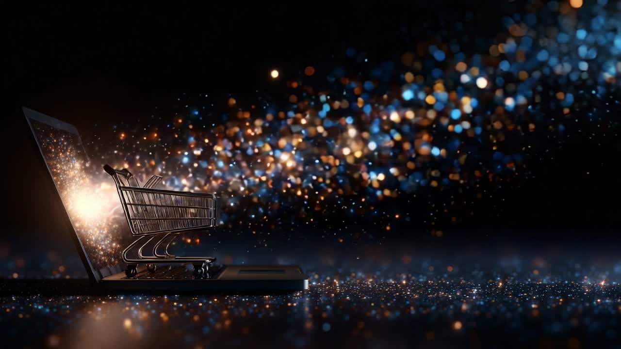 A mesmerizing digital shopping experience unfolds as a futuristic shopping cart emerges from a laptop screen, surrounded by an explosion of sparkling lights and vibrant colors