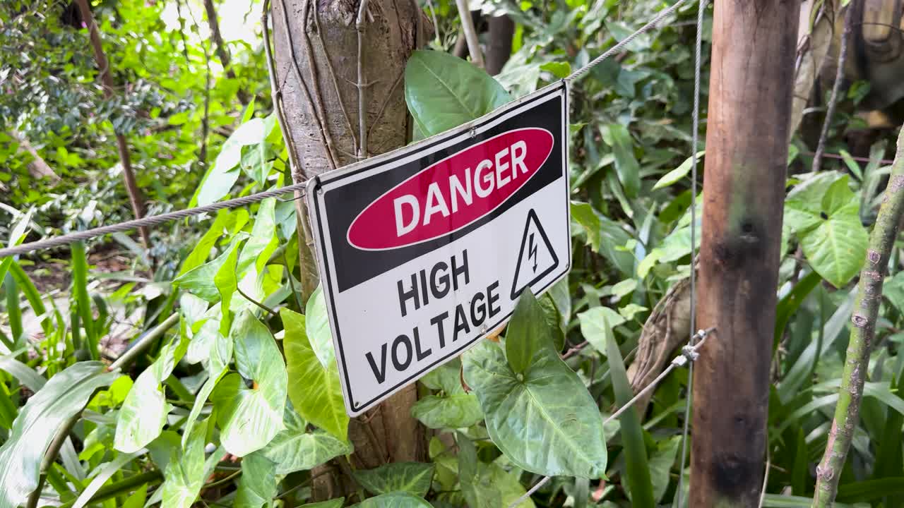 Warning sign on wooden post surrounded by dense greenery, natural daylight, slight handheld camera movement