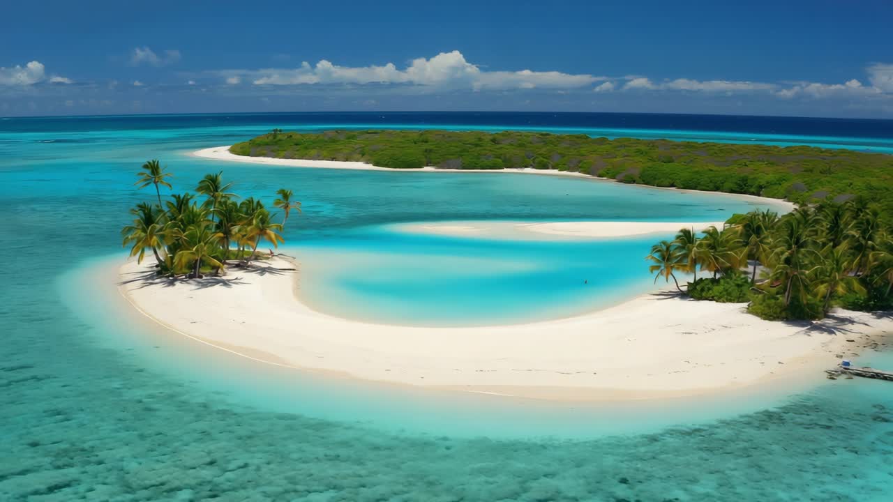 Aerial panorama revealing pristine tropical island, white sand beaches, turquoise waters surrounding verdant palm fringed landscape beneath cloudless azure sky