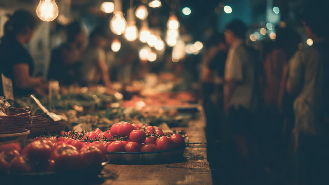 A Nighttime Farmers Market Experience: Vibrant Produce Stands Under Warm Lights with Busy Customers Exploring Fresh Vegetables and Fruits