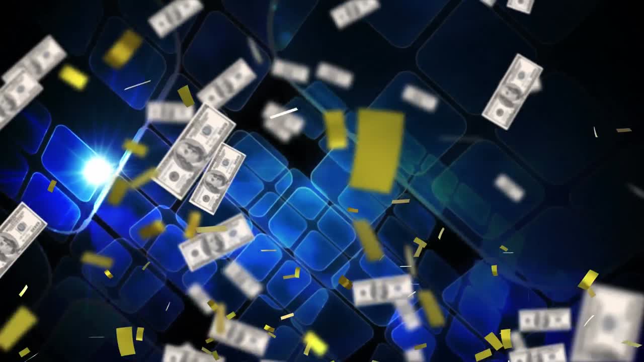 Animazione di coriandoli e banconote di dollari americani che cadono su file di quadrati blu sullo sfondo.
