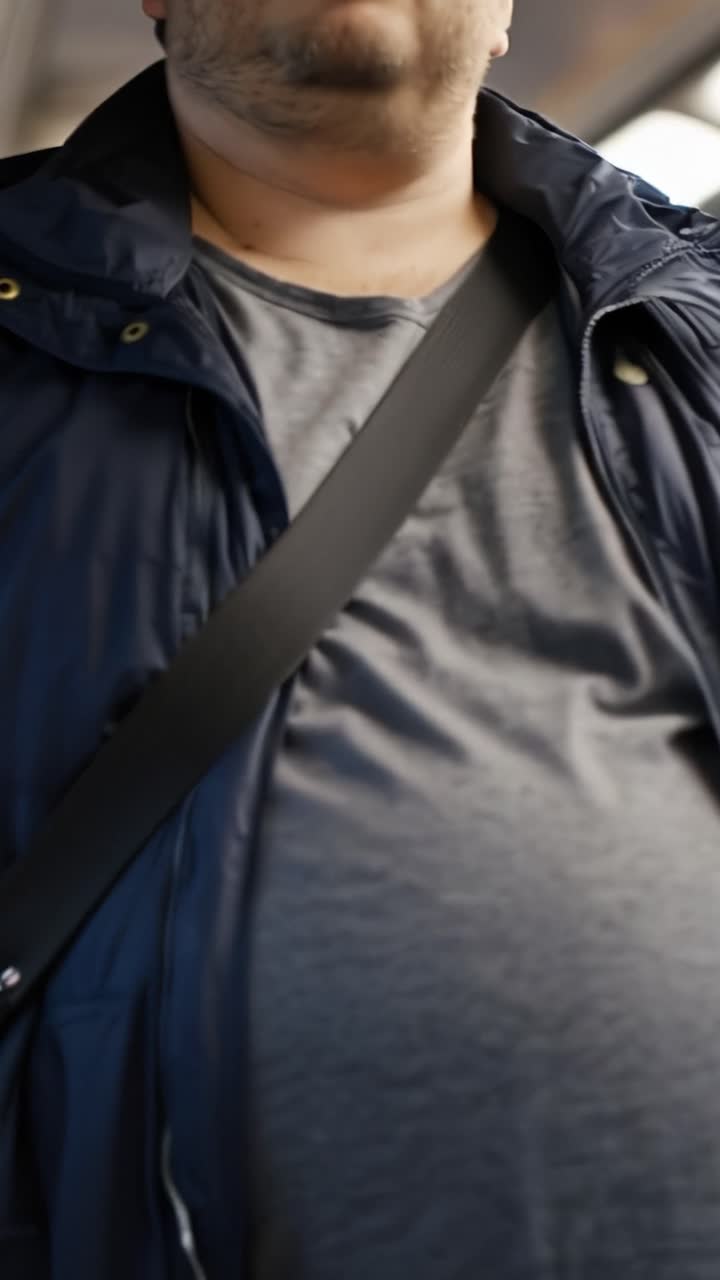 Man wears blue jacket and seatbelt. He sits calmly, looking forward. No emotion visible, just quiet presence. Use for travel, commuting, or transit scenes