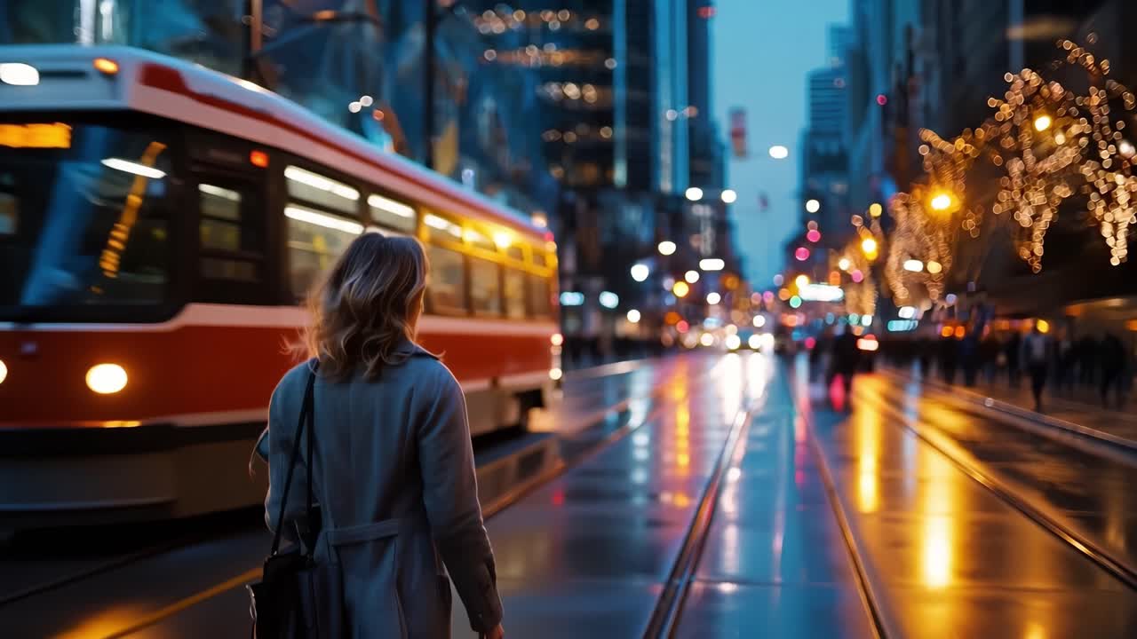 Una donna cammina da sola su una strada cittadina bagnata al crepuscolo. Le luci del tram si riflettono sul selciato umido. Guarda le luci urbane brillanti davanti a sé. Uno scenario urbano serale e piovoso con lampioni luminosi.