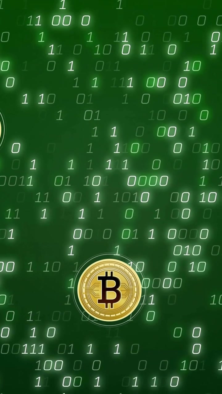 Animation of bitcoin currency icons financial data processing over binary coding