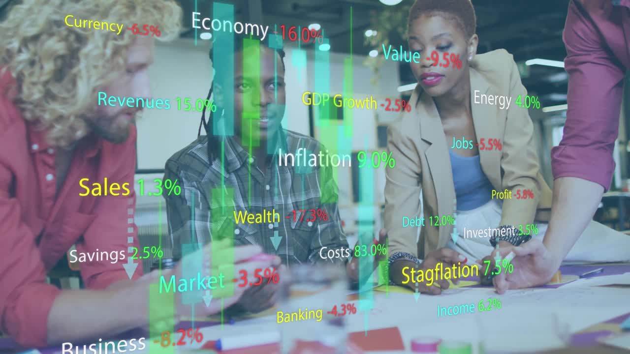 Animation of financial data processing over diverse business people having meeting at office
