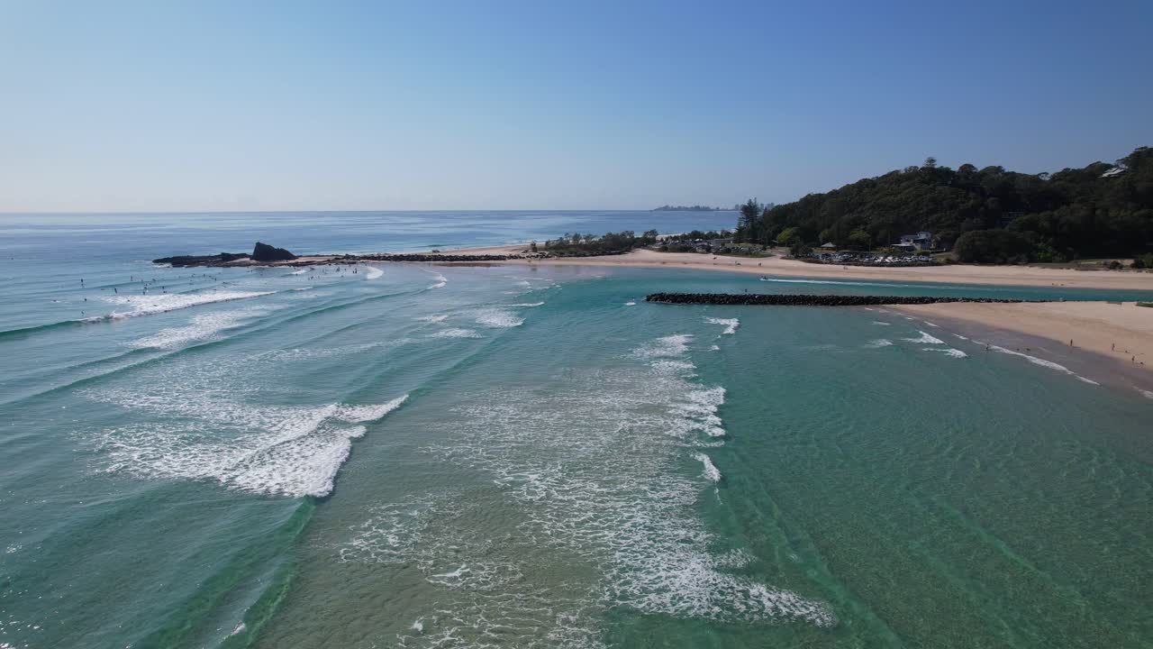 Waves Splashing On Sandy Shore In Palm Beach, Gold Coast, QLD, Australia - Drone Shot