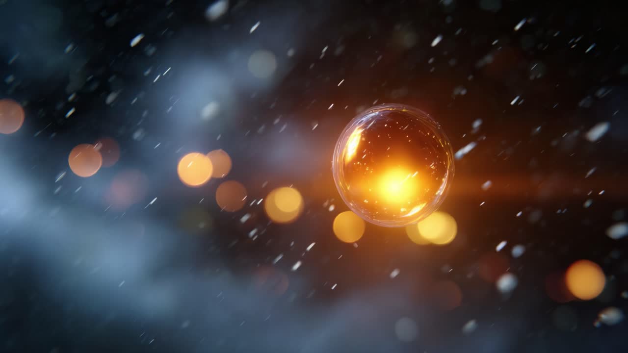 Ein faszinierender leuchtender Orb schwebt durch eine verschneite Atmosphäre, umgeben von lebendigen Lichtkugeln, was ein fesselndes und ätherisches visuelles Erlebnis schafft.