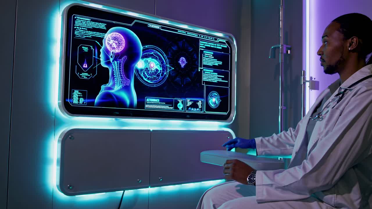 Doctor Reviewing Medical Data on a Futuristic Display