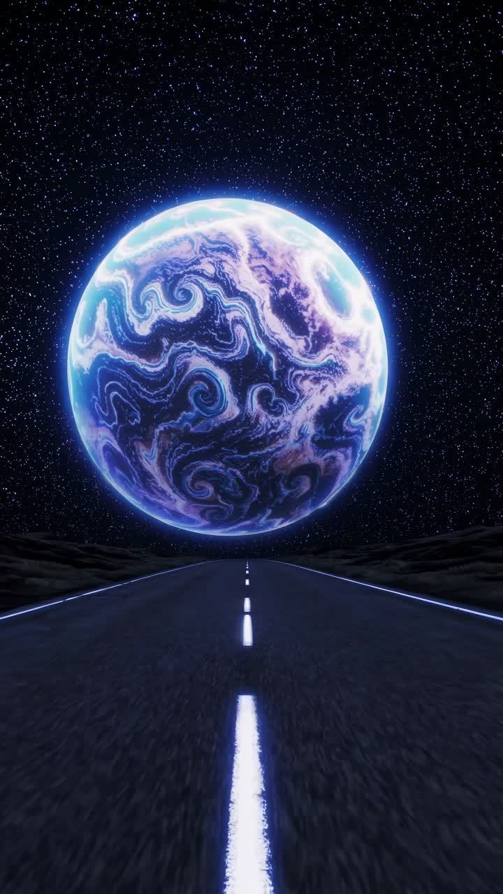 Surreal video concept with a low-angle view of a glowing planet over a deserted road under a starry