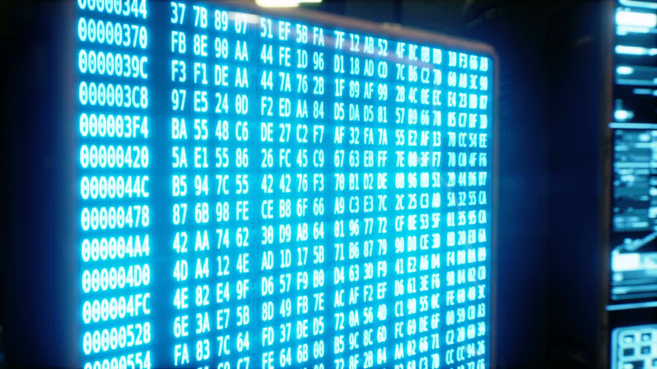 A hacker tries to penetrate someone else's server. A coder programmer works in his dark office. Animation for fiction, cyber and sci-fi backgrounds.