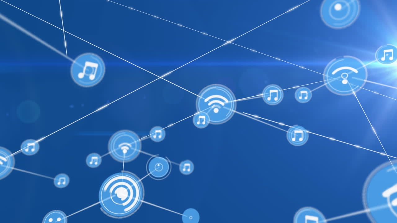 Animation of network of digital icons against light spot on blue background