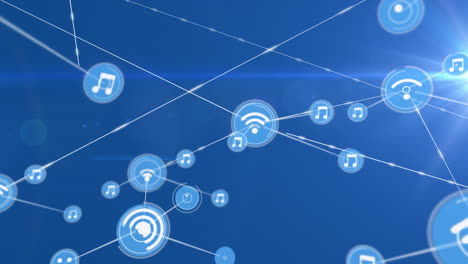 animación de una red de iconos digitales contra un punto de luz sobre un fondo azul