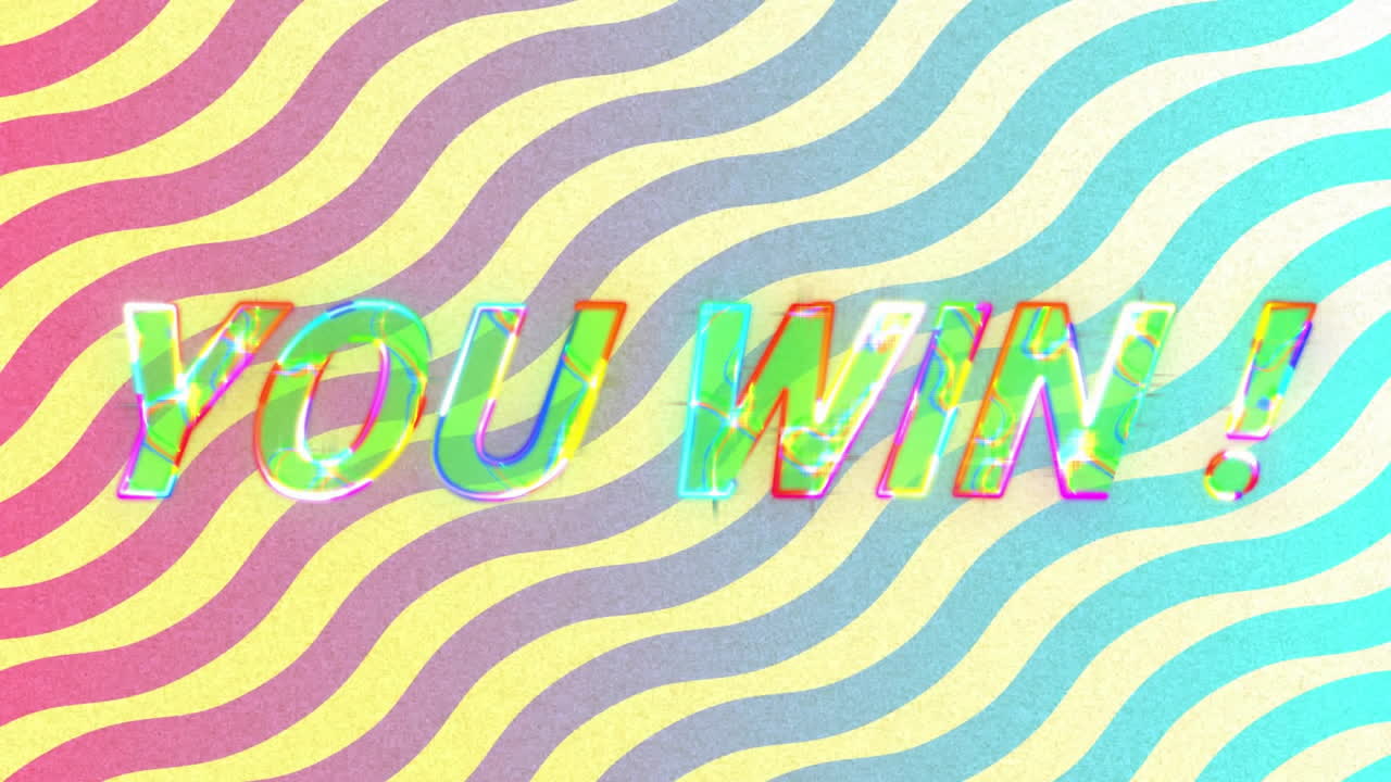 Animation of you win text over colourful shapes on black background