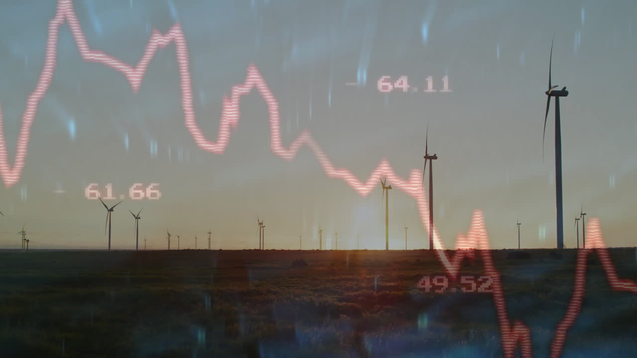 Wind turbines rotating on grassy plain at sunset, displaying translucent red line graph data