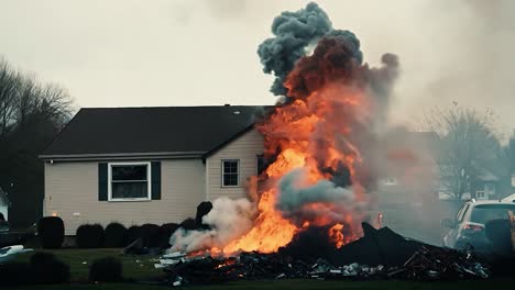 large flames engulf a pile of debris in front of a one story house, creating thick smoke and posing a danger to the area